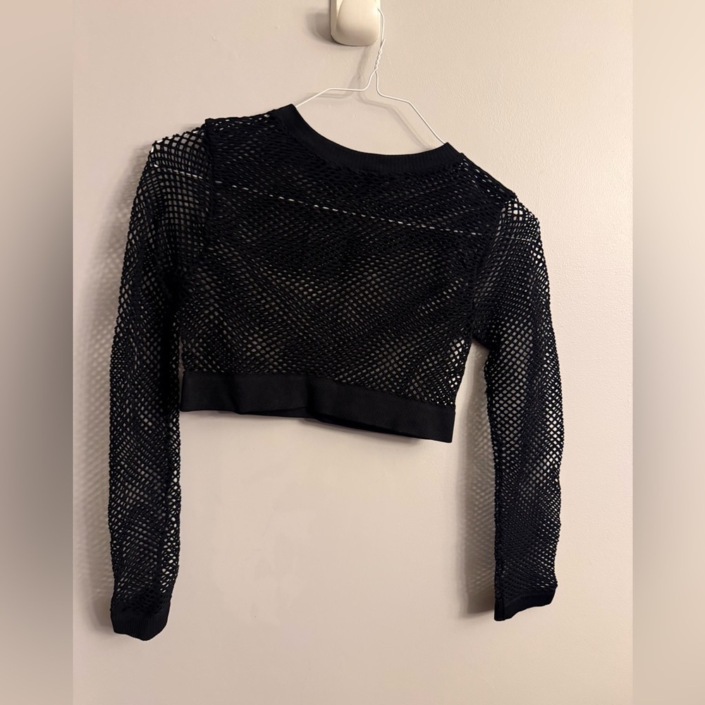 Black Mesh Cropped Long Sleeve Top